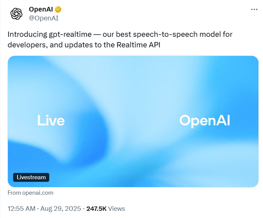 OpenAI刚刚发布GPT-Realtime,AI Agent进入超逼真对话时代插图1 OpenAI刚刚发布GPT-Realtime,AI Agent进入超逼真对话时代插图1