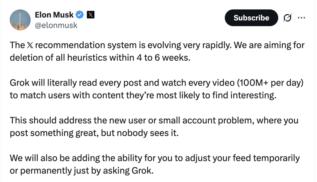 马斯克要让Grok全面接管x,彻底剔除人类规则推荐算法插图 马斯克要让Grok全面接管x,彻底剔除人类规则推荐算法插图